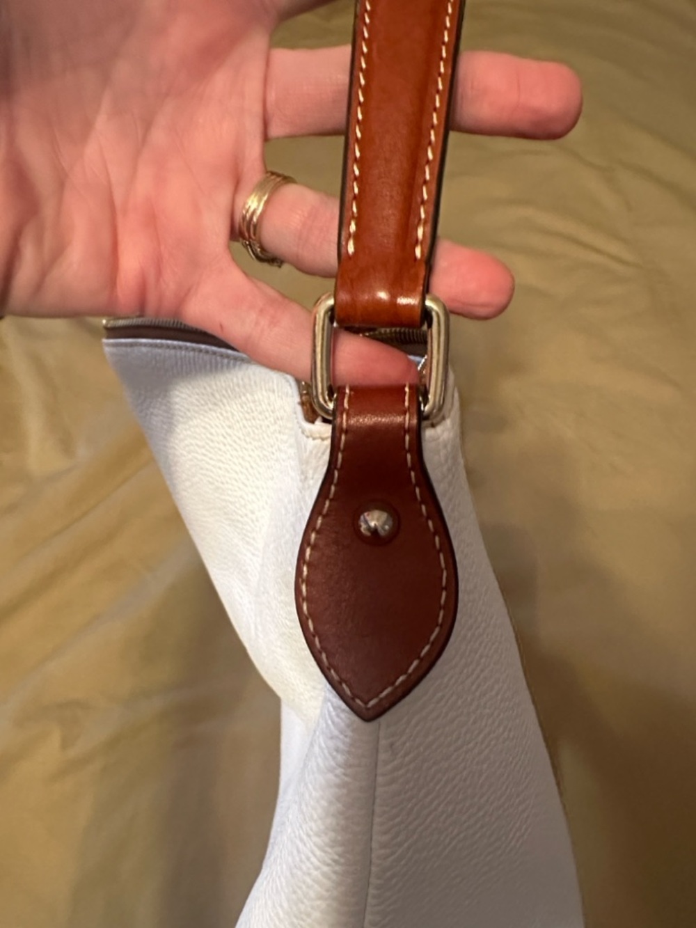 Dooney & Bourke East to West Sac White Leather Shoulder Bag with Brown Trim - Picture 10 of 12